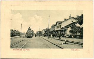 1911 Csap, Chop; vasútállomás gőzmozdonnyal. W.L. Bp. 5680. Glück Imre kiadása / Bahnhof / railway station with locmotive