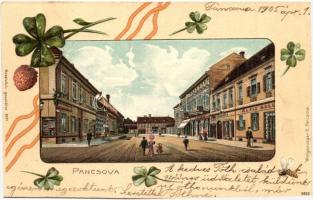 1905 Pancsova, Pancevo; utcakép üzletekke. Lóherés dombornyomott litho keret / street view with shops. Clover, Emb. litho frame