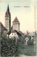 1909 Medgyes, Mediasch, Medias; liget, háttérben a kapu és a templom. Kiadja Guggenberg Frigyes / park with gate and church in the background (EK)
