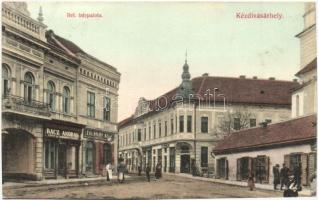 1909 Kézdivásárhely, Targu Secuiesc; Református bérpalota, utcakép, Rácz András liszt és termény üzlete, Zalaváry Béla üzlete / Calvinist mansions, shops