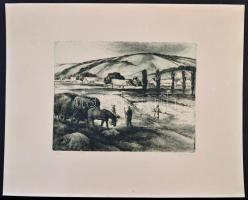 Kovács József (?-?): Réten, rézkarc, papír, jelzett, 23×29,5 cm