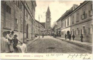 1904 Szászváros, Broos, Orastie; utcakép templommal / street view with church (EK)