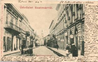 1901 Szatmárnémeti, Szatmár, Satu Mare; Kazinczy utca, Reszer János, Fischer H. és Kellner Mór üzlete  / street view with shops (EK)