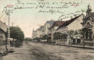 1912 Szatmárnémeti, Szatmár, Satu Mare; Attila utca villanyoszloppal, villamos sín / street view with pylon, tramway track (Rb)