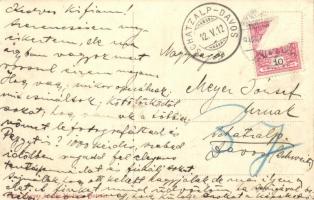 1912 Szatmárnémeti, Szatmár, Satu Mare; Attila utca villanyoszloppal, villamos sín / street view wit...