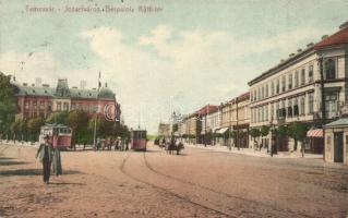 1912 Temesvár, Timisoara; Józsefvárosi bérpalota, Küttl tér villamosokkal / Iosefin, mansions, square, trams