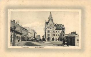 Temesvár, Timisoara; Andrássy út villamossal, Csendes és Fischer bódé üzlete. W.L. Bp. No.  / street view with tram and shop