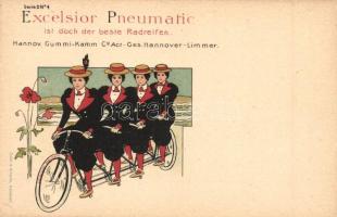 Excelsior Pneumatic. Hannov. Gummi-Kamm Co. Act-Ges. Hannover-Limmer / German bicycle and tire shop advertisement art postcard, tandem bicycle. Edler & Krische litho