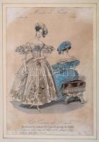 1834 Párizsi divat, 2 db színezett metszet, üvegezett keretben, 21×13 cm