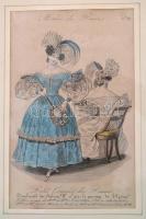 1834 Párizsi divat, 2 db színezett metszet, üvegezett keretben, 21×13 cm
