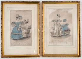 1834 Párizsi divat, 2 db színezett metszet, üvegezett keretben, 21×13 cm