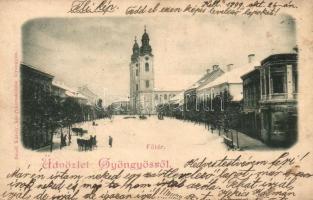 1899 Gyöngyös, Fő tér templommal télen. Bendl Károly kiadása (EK)