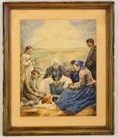 Révész Imre (1859-1945): Ima étkezés előtt, színezett rézkarc, papír, jelzett, paszpartuban, üvegezett fa keretben, 48,5×38,5 cm