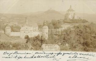 1900 Selmecbánya, Schemnitz, Banska Stiavnica; látkép a Leányvárral és Kálvária-heggyel / panorama view with castle and calvary. photo
