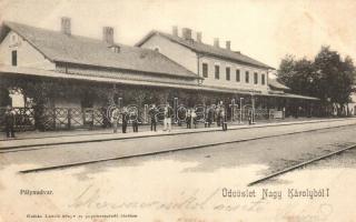 ~1899 Nagykároly, Carei; vasútállomás. Csókás László kiadása / Bahnhof / railway station