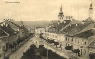 1913 Besztercebánya, Banská Bystrica; Fő utca, templomok, Stefko F. üzlete / main street with churches and shops
