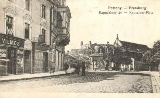 1916 Pozsony, Pressburg, Bratislava; Kapucinus tér, Ratzerdorf Frigyes és Adler Sámuel üzlete / Kapuziner Platz / square with shops