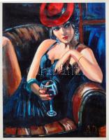 Hölgy pohárral, színes nyomat, 36x46 cm