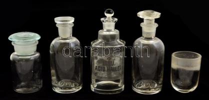 6 db régi gyógyszerész üveg, 7 db, kis csorbákkal, m: 13 cm és 6 cm közötti méretben