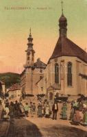 1914 Selmecbánya, Schemnitz, Banska Stiavnica; Kossuth tér, templom, piac. Weisz Ignác kiadása / square with church and market
