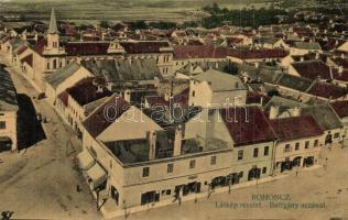 Rohonc, Rechnitz, Rohunac; Batthyány utca, templom, Peterka Károly és Spitzer üzlete / street view with church and shops (EK)
