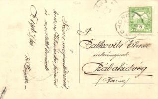 Rohonc, Rechnitz, Rohunac; Batthyány utca, templom, Peterka Károly és Spitzer üzlete / street view w...