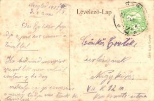 1912 Cegléd, indóház, vasútállomás gőzmozdonnyal. Szecessziós keret hölggyel és rózsával. Sárik Gyul...