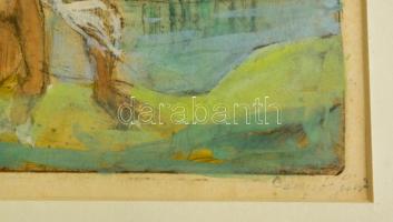 Csapó Jenő (1875-1954): Fürdőző aktok. Színezett rézkarc, papír, jelzett, üvegezett keretben, 15,5×1...