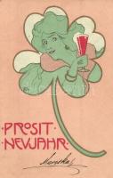 1903 Prosit Neujahr / Clover lady with a glass of champagne. Art Nouveau s: Carl Józsa