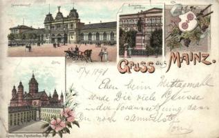 1898 (Vorläufer!) Mainz, Central-Bahnhof, Gutenberg-Denkmal, Dom / railway station, monument, dome. Art Nouveau, floral, litho (small tear)