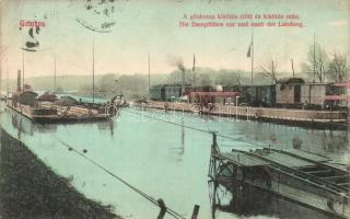 1909 Gombos, Bogojeva; Gőzkomp kikötés előtt és után, gőzmozdony. Tippl Józsefné kiadása / steam ferry, locomotive