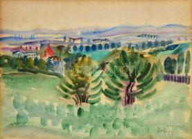 Halápy János (1893-1960): Kilátás a dombról. Akvarell, papír, jelzett, üvegezett keretben, 25×35 cm