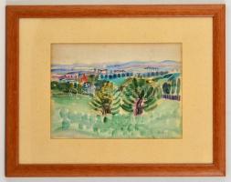 Halápy János (1893-1960): Kilátás a dombról. Akvarell, papír, jelzett, üvegezett keretben, 25×35 cm