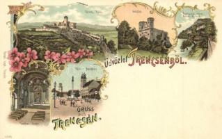 Trencsén, Trencín; várrom, Szkalka, Apátsági rom, Fő tér, templom belső. Gansel Lipót kiadása / castle ruin, Skalka, abby ruins, main square, church interior. Art Nouveau, floral, litho