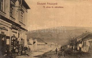 1908 Pelsőc, Pelsücz, Plesivec;  Fő utca, városháza, Pártos Miksa üzlete. No. 1110. Kiadja Pártos Mór / main street with town hall and shop (r)