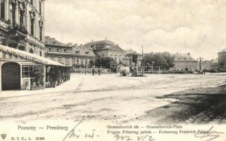 1907 Pozsony, Pressburg, Bratislava; Grassalkovich tér, Frigyes főhercegi palota, hirdetőoszlop, Kávéház / square, palace, advertising column, cafe (r)