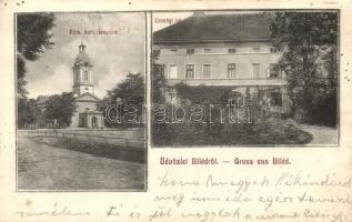 1917 Billéd, Biled; Urasági lak (zágrábi érsekség kastélya), Római katolikus templom / castle, church
