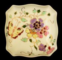 Zsolnay pillangó mintás dobozka, kézzel festett, jelzett, hibátlan, 10×10 cm