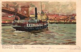 Budapest, Lánchíd és Húzógőzös. Kuenstlerpostkarte No. 2314/2598. von Ottmar Zieher - 2 db 1900 előtti litho művészlap / 2 pre-1900 litho art postcards s: Raoul Frank