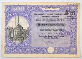 Budapest 1925. "Rimamurány-Salgó-Tarjáni Vasmű Részvény-Társaság" tíz részvénye egyenként 50P-ről, összesen 500P-ről, szárazpecséttel és bélyegzésekkel, szelvényekkel T:II-,III fo.