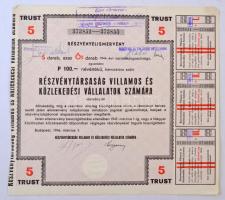 Budapest 1946. Részvénytársaság Villamos és Közlekedési Vállalatok Számára részvényelismervény öt darab, 100P értékű részvényről, szárazpecséttel és bélyegzésekkel, szelvényekkel T:II-,III
