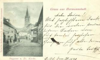 1898 Nagyszeben, Hermannstadt, Sibiu; utcakép evangélikus templommal / Saggasse / street view with church (EK)