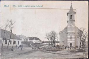 Ebed, Obid; utcakép a római katolikus templommal és népiskolával. leporellolap belül a fogyasztási szövetkezet üzletével és saját kiadása / street view with church and school. Leporellocard with cooperative shop inside (Rb)