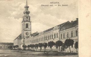 Miava, Myjava; utcakép az evangélikus templommal és járásbírósággal / Okresny sud, Ev. kostol / street view with court and church