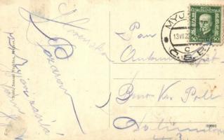 Miava, Myjava; utcakép az evangélikus templommal és járásbírósággal / Okresny sud, Ev. kostol / stre...