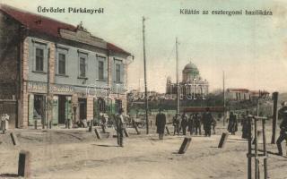 1909 Párkány, Stúrovó, Gockern; utcakép az esztergomi bazilikával,Takarékpénztár, Nagy és Szabó üzlete. Pauncz Mór kiadása / street view with savings bank and shop  (EK)