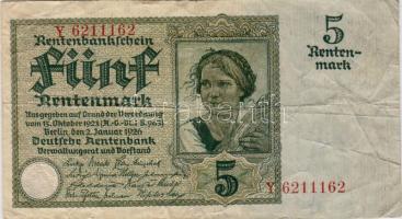 D.Reich, Banknote, 1926, 5 Rentenmark, Erh.: II