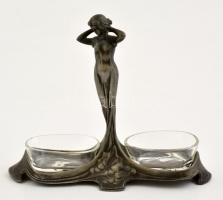 Szecessziós figurális ón fűszertartó, eredeti üvegbetéttel, jelzés nélkül, m: 13,5 cm, h:16,5 cm