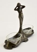 Szecessziós  figurális ón fűszertartó, eredeti üvegbetéttel, jelzés nélkül, m: 13,5 cm, h:16,5 cm