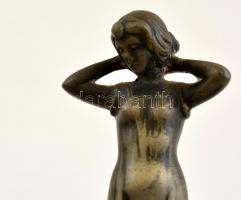 Szecessziós  figurális ón fűszertartó, eredeti üvegbetéttel, jelzés nélkül, m: 13,5 cm, h:16,5 cm